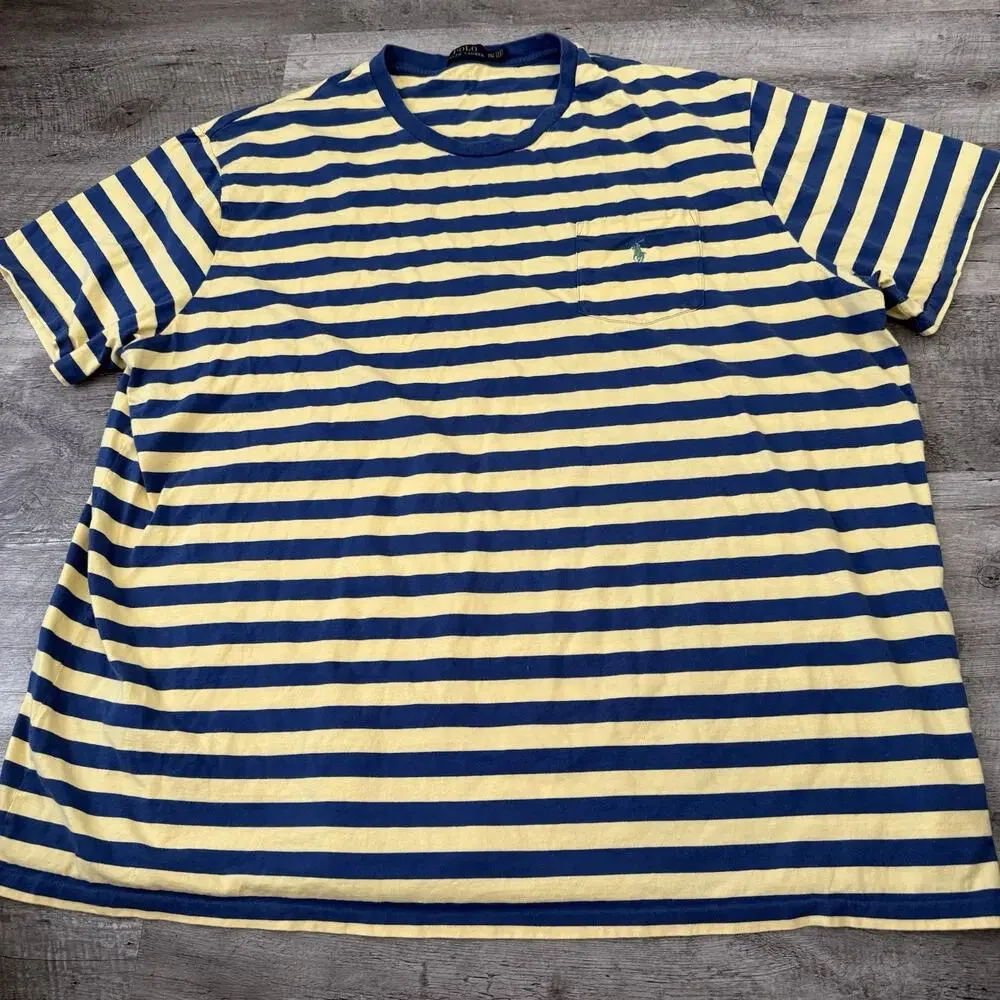 POLO Ralph Lauren T-Shirt Mens 4XLT Tall Yellow Blue Striped Pony Short Sleeve